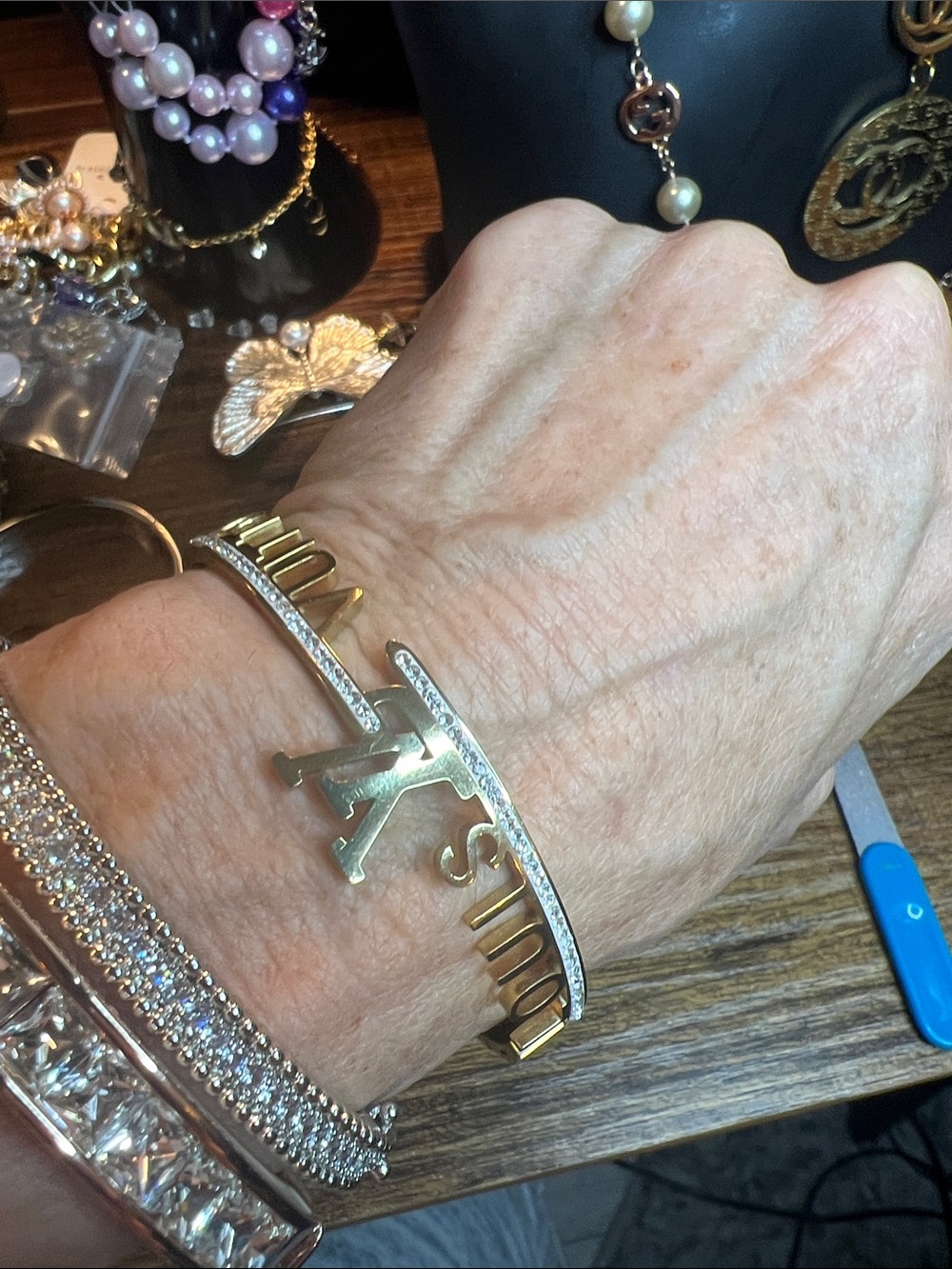 Gold-Tone Stainless Steel Letter Accent Hinged Cuff Bracelet - Women Jewelry